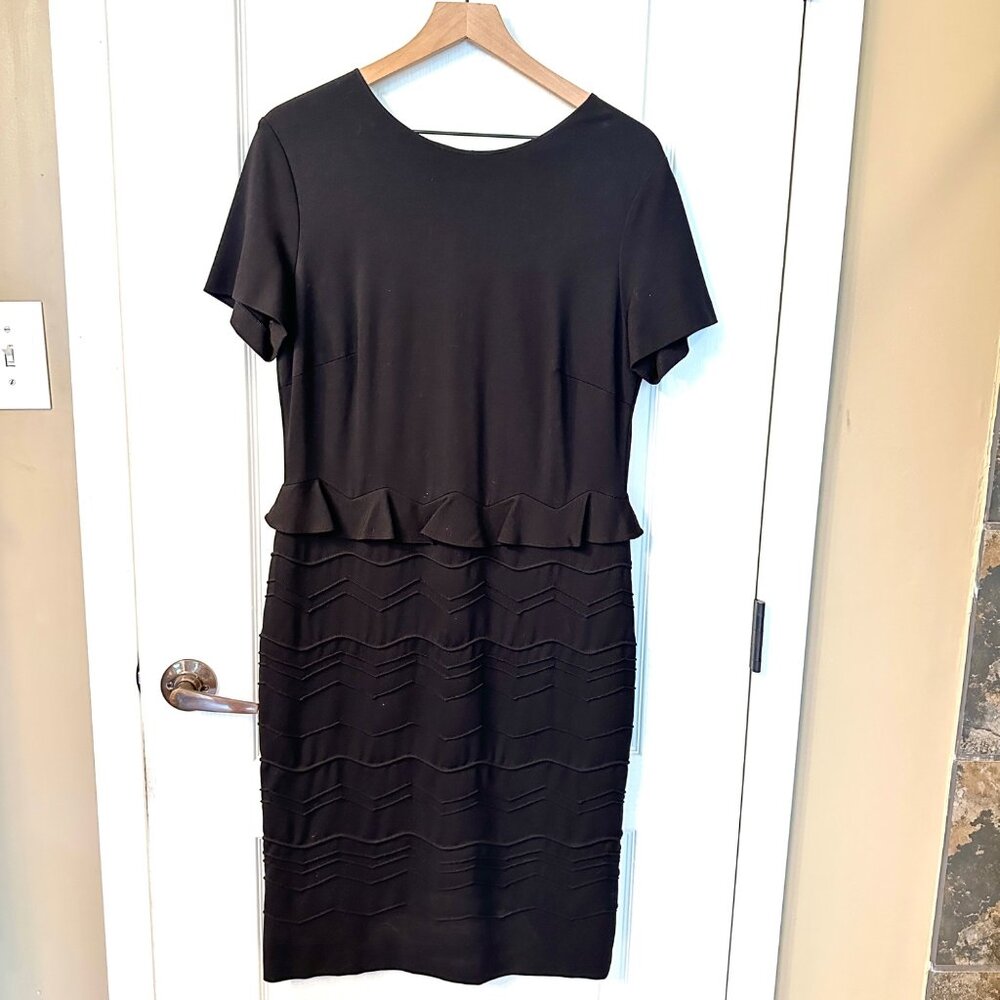 Escada | 44 XL Black Peplum Short Sleeve Pencil Dress Mod Career Stretch Viscose